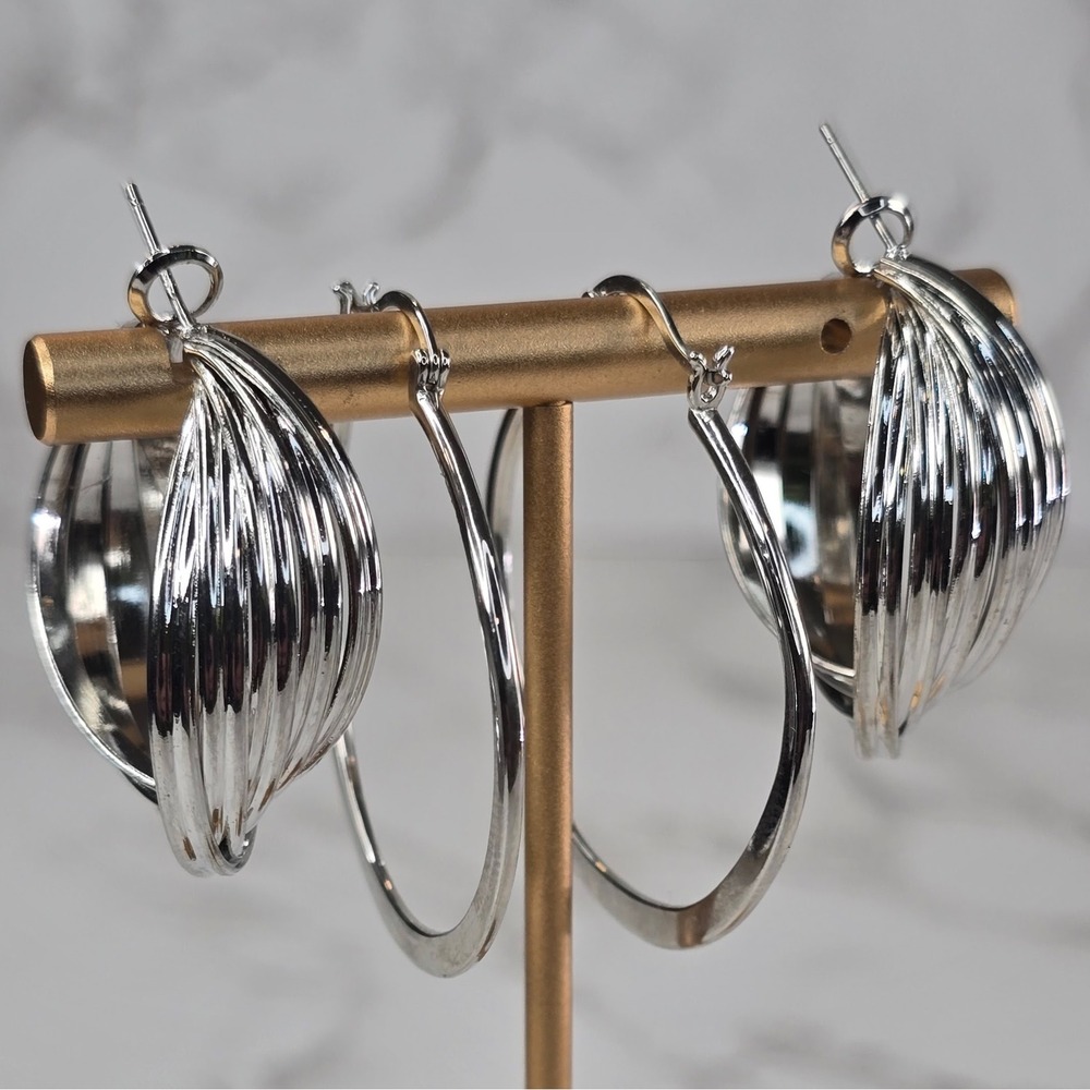 Sterling Silver 925 Hoop Earring Set Strand Layered & Large Slim Hoops 15.2g